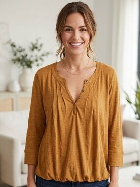 Anthropologie Popover Knit Top Henley Long Sleeve Swing Gold Easy Fit Blouse S